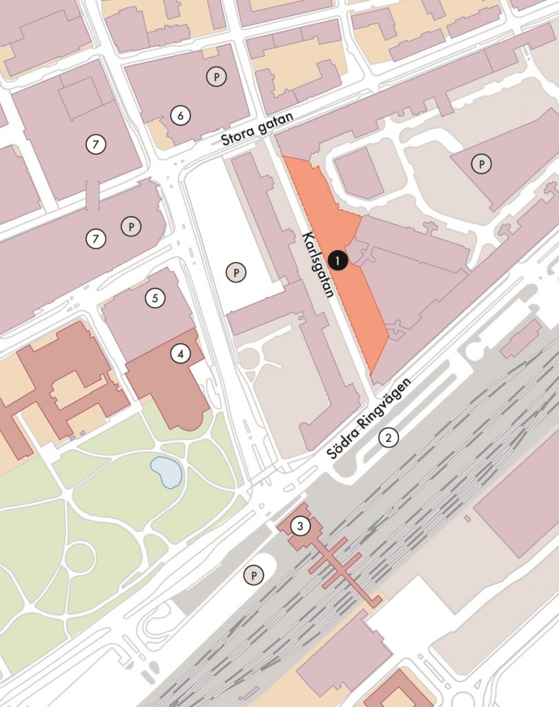 Karta över parkeringsplatser runt Karlsgatan 2 markerade med siffror.