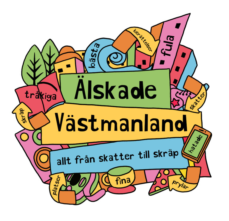 En färgglad logotyp i färgerna grön, gul, blå, rosa och röd. Olika föremål omringar texten Älskade Västmanland allt från skatter till skräp.