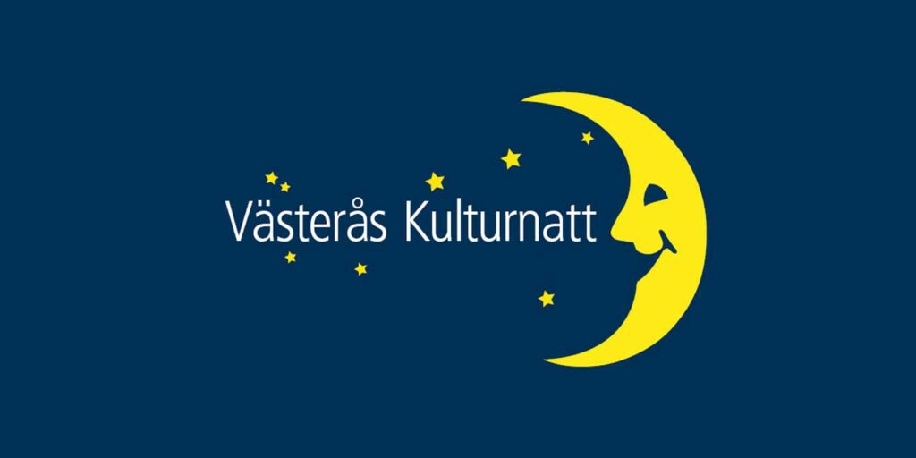 En illustrerad gul måne på mörkblå bakgrund och med texten Västerås Kulturnatt.