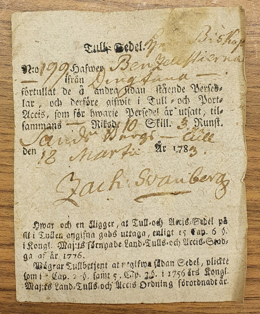 Tullsedel från 1783 med handskriven text på gulnat papper.