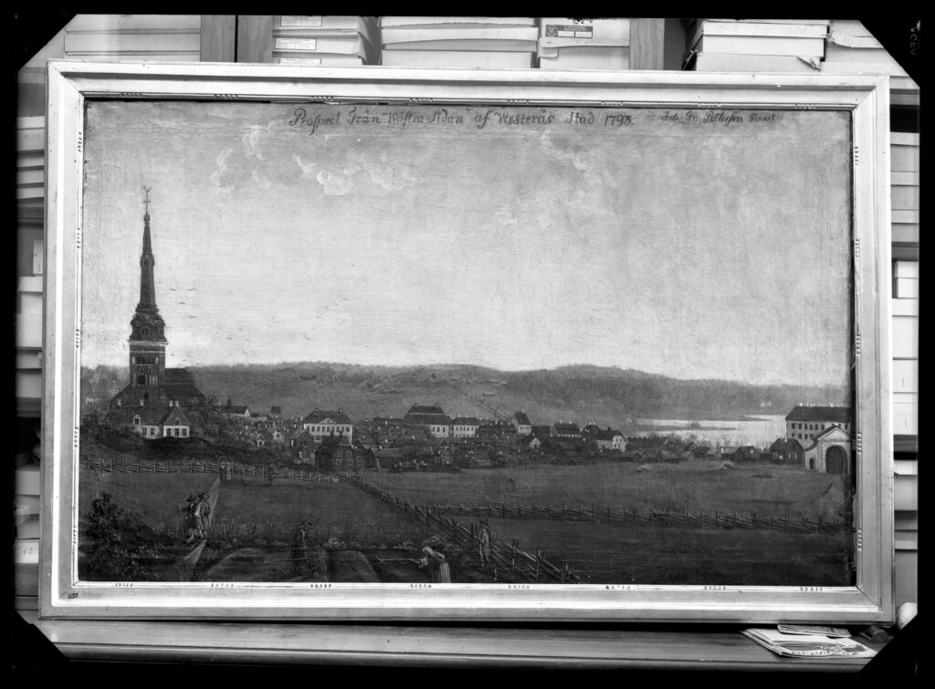 Målning av Västerås 1793 med stadens staket och vakttorn.