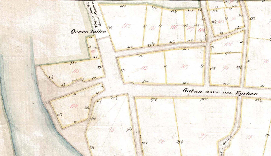 Historisk karta över Qvarntullen och området norr om kyrkan.