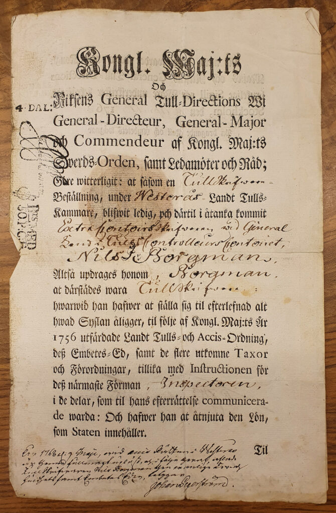 Handskriven tjänstetillsättning för tullpersonal från 1768.