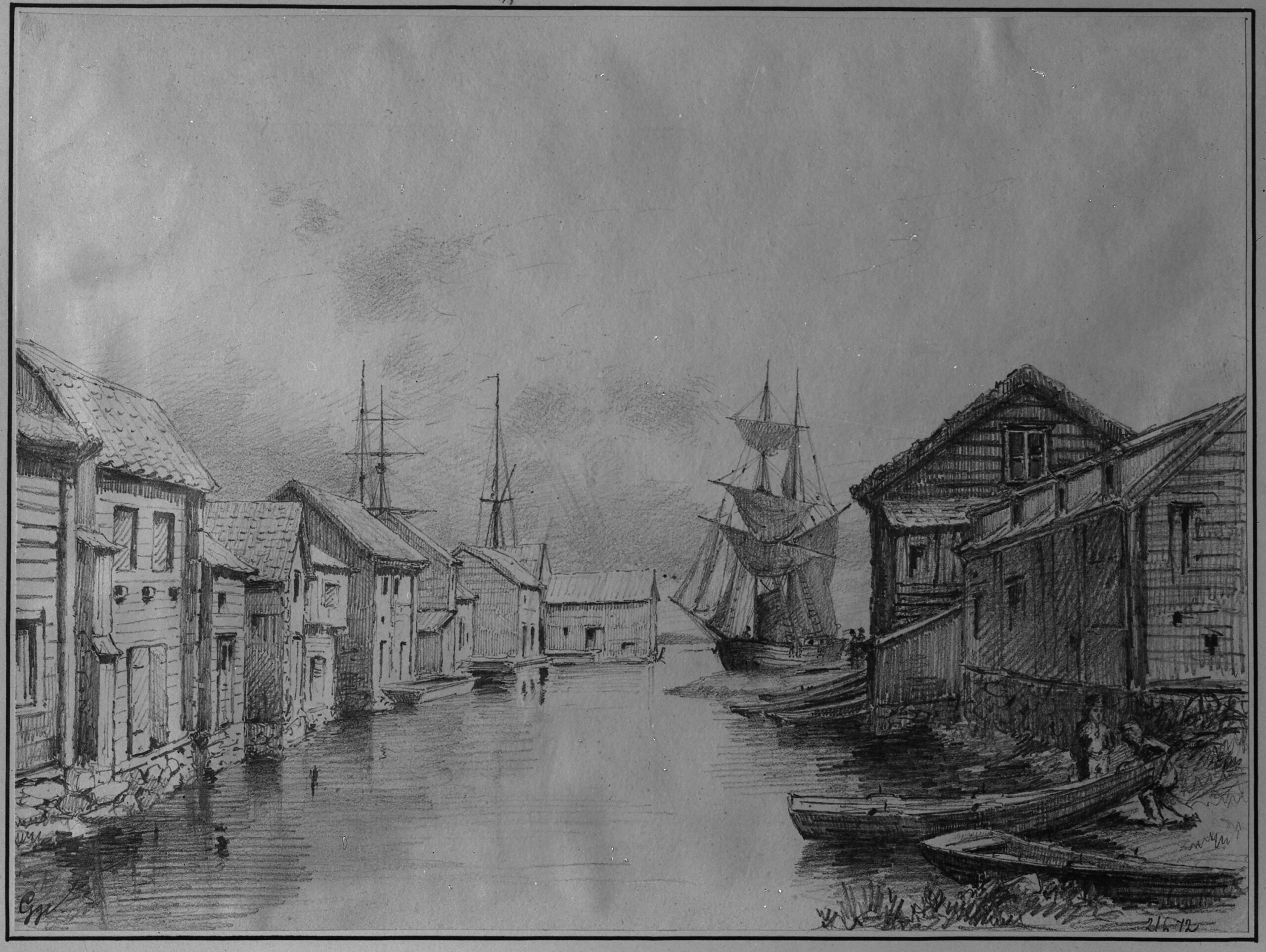 Teckning av hamn med sjöbodar, båtar och segelfartyg.