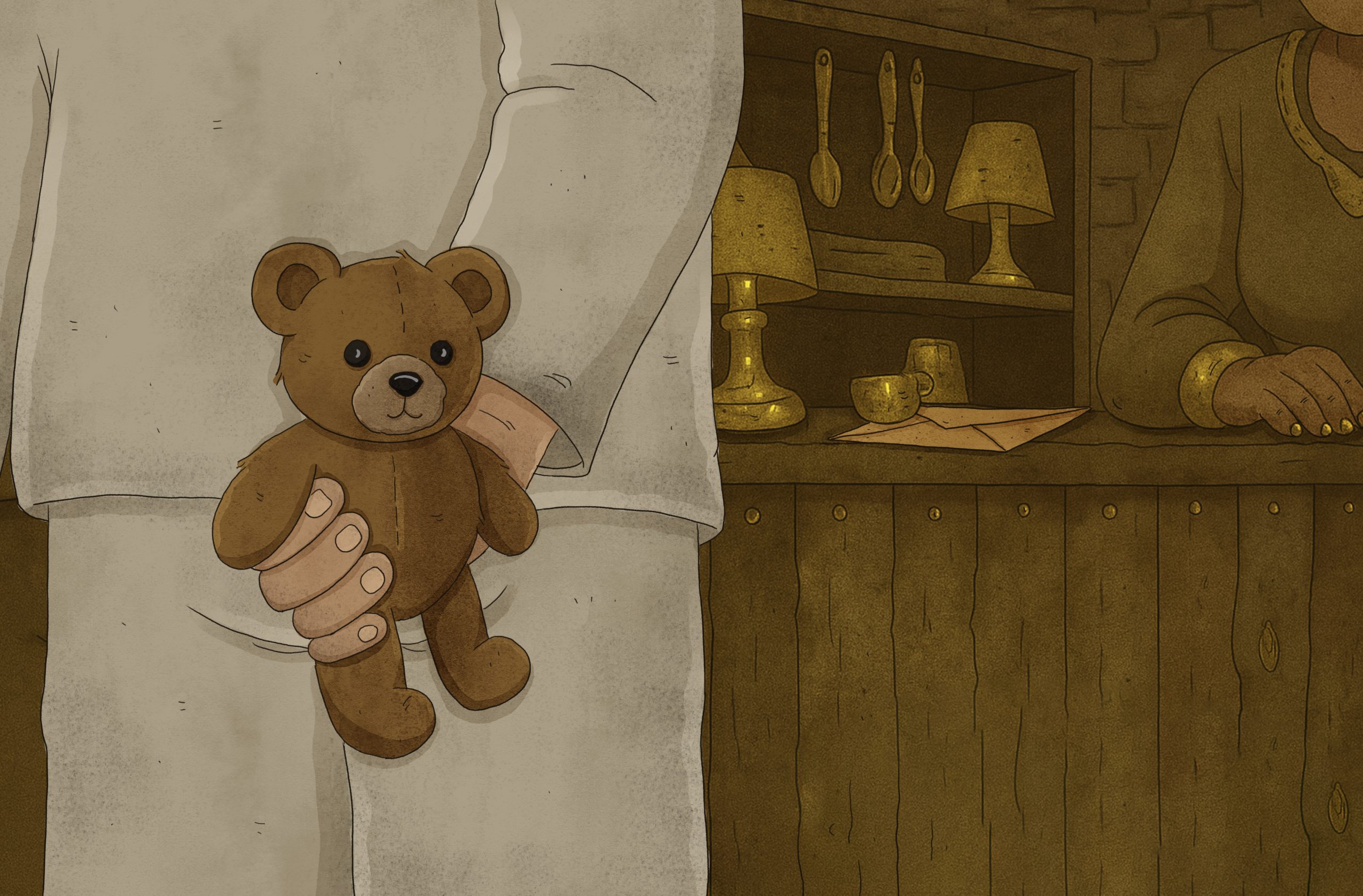 Illustration i färg av en person i ljusa kläder som håller en brun nalle i handen. I bakgrunden syns en disk med lampor, koppar och ett kuvert, samt en annan person vid disken.