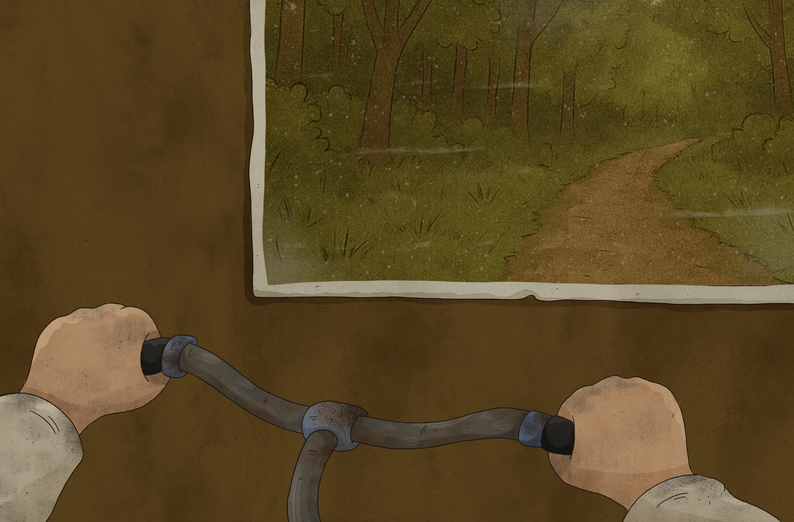 Illustration i färg av två händer som håller i ett cykelstyre. Framför syns en bild på en stig som slingrar sig in i en grön skog.