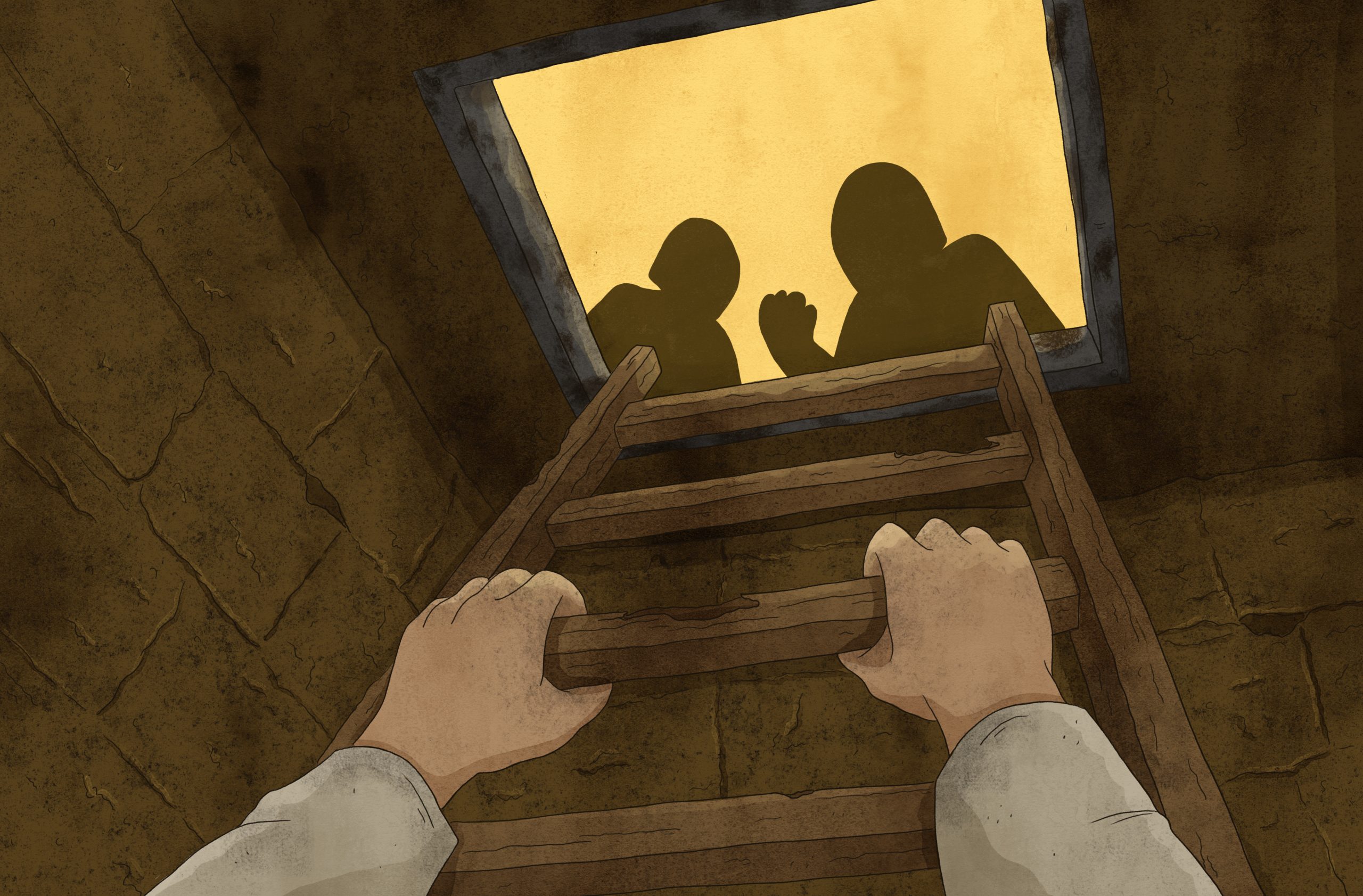 Illustration i färg av två händer som håller i en träram till en stege. Ovanför syns en öppning mot ett gult ljus där två siluetter står och tittar ner.