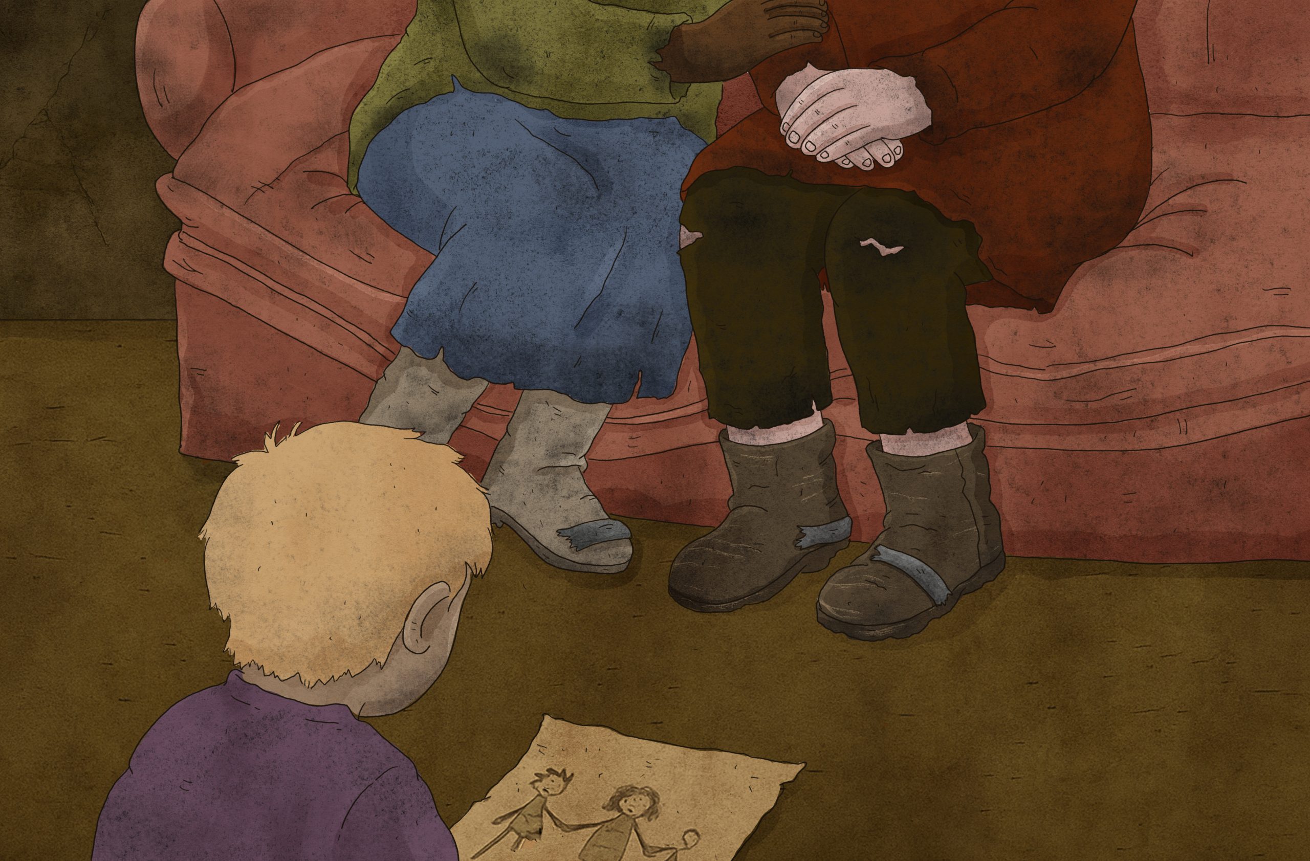 Illustration i färg av ett barn som sitter på golvet med en teckning i handen. Framför barnet syns två vuxna personer som sitter i en sliten rosa soffa, endast deras ben och händer är synliga.