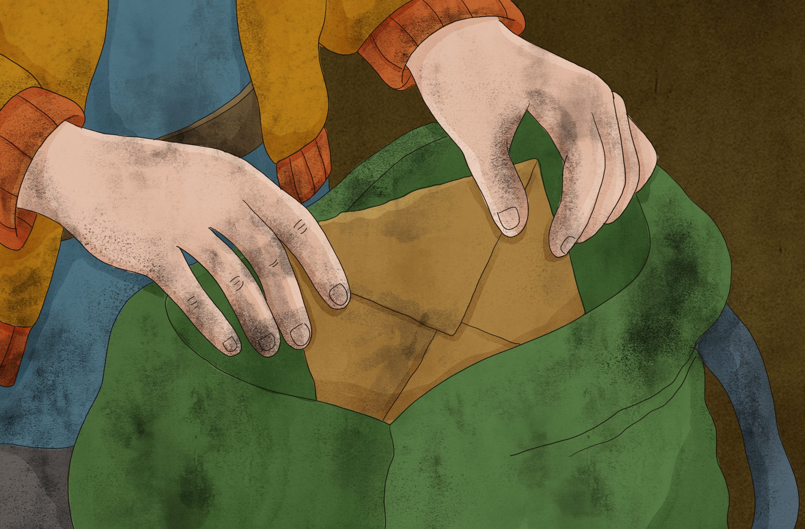 Illustration i färg av två händer som placerar ett kuvert i en grön ryggsäck. Personen bär blå byxor och orange tröja.