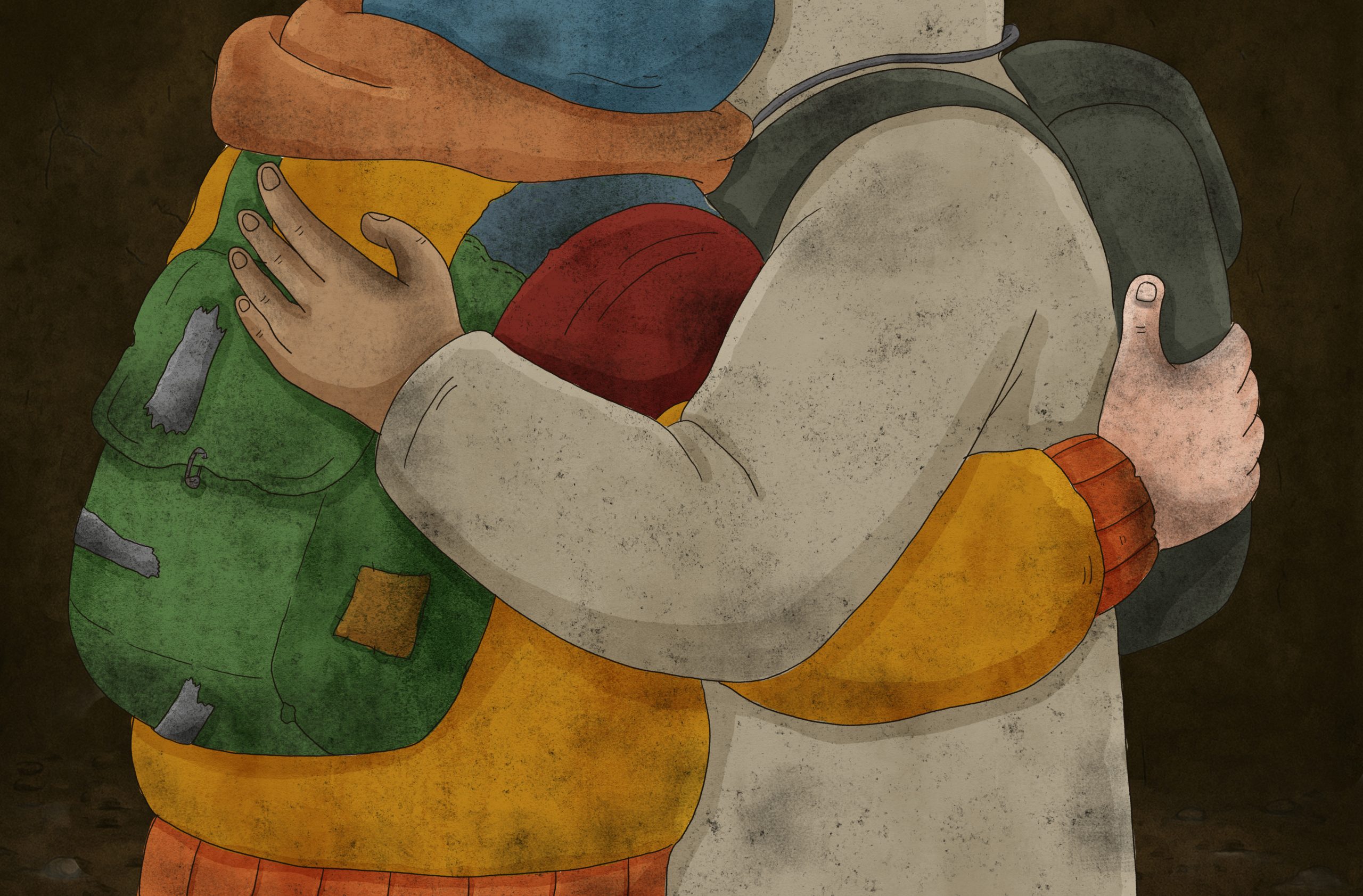 Illustration i färg av två personer som kramar varandra. Den ena bär ljusa kläder och en svart ryggsäck, den andra färgglada kläder och en grön, lappad ryggsäck.