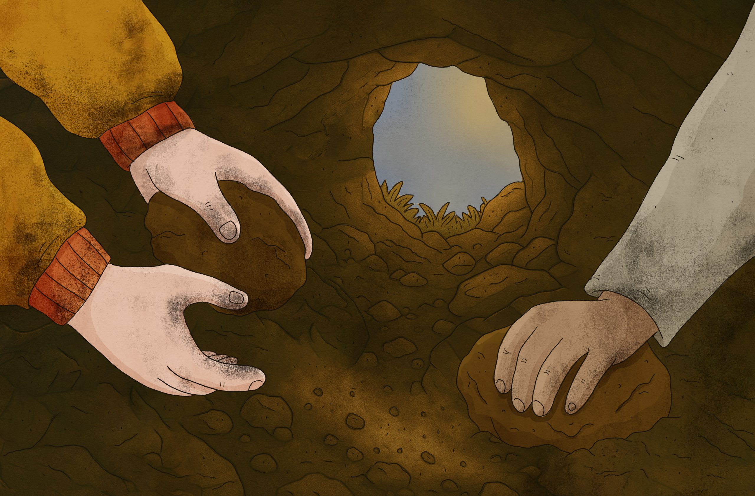 Illustration i färg av två händer som gräver i en jordtunnel med stenar. I bakgrunden syns öppningen mot himmel och gräs.