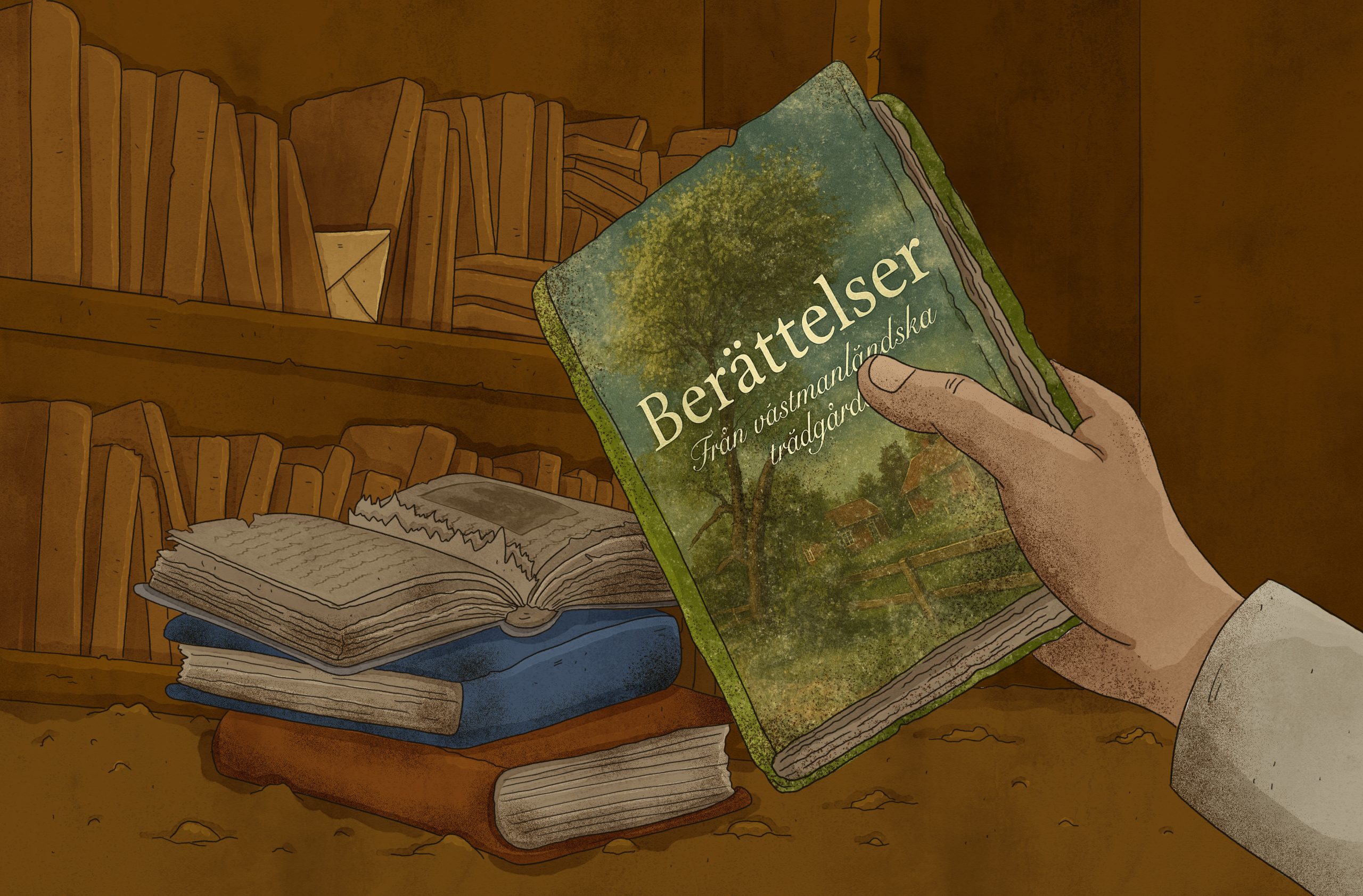 Illustration i färg av en hand som håller en bok med titeln ”Berättelser från västmanländska trädgårdar”. I bakgrunden syns hyllor med slitna böcker och ett kuvert