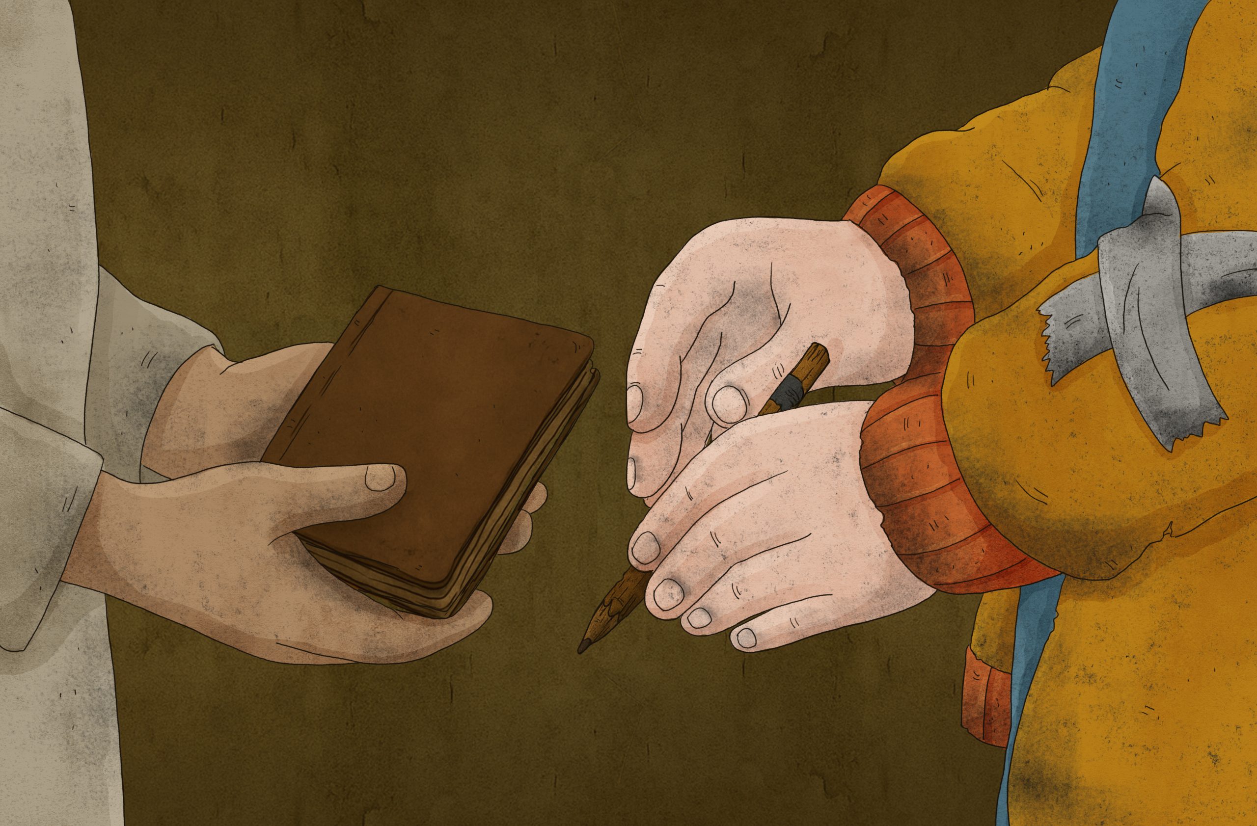 Illustration i färg av två personer. Den ena håller en brun anteckningsbok, den andra håller en sliten penna med tejp.