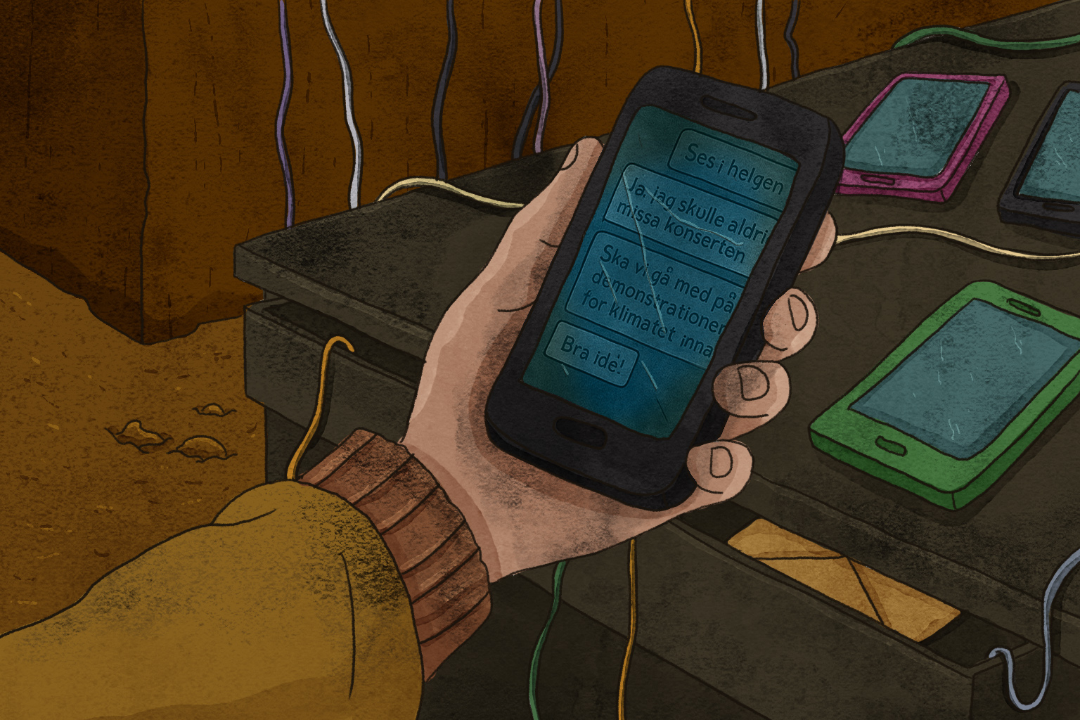 Illustration i färg av en hand som håller en mobiltelefon med textmeddelanden på skärmen. Bredvid ligger flera andra mobiler kopplade med sladdar.
