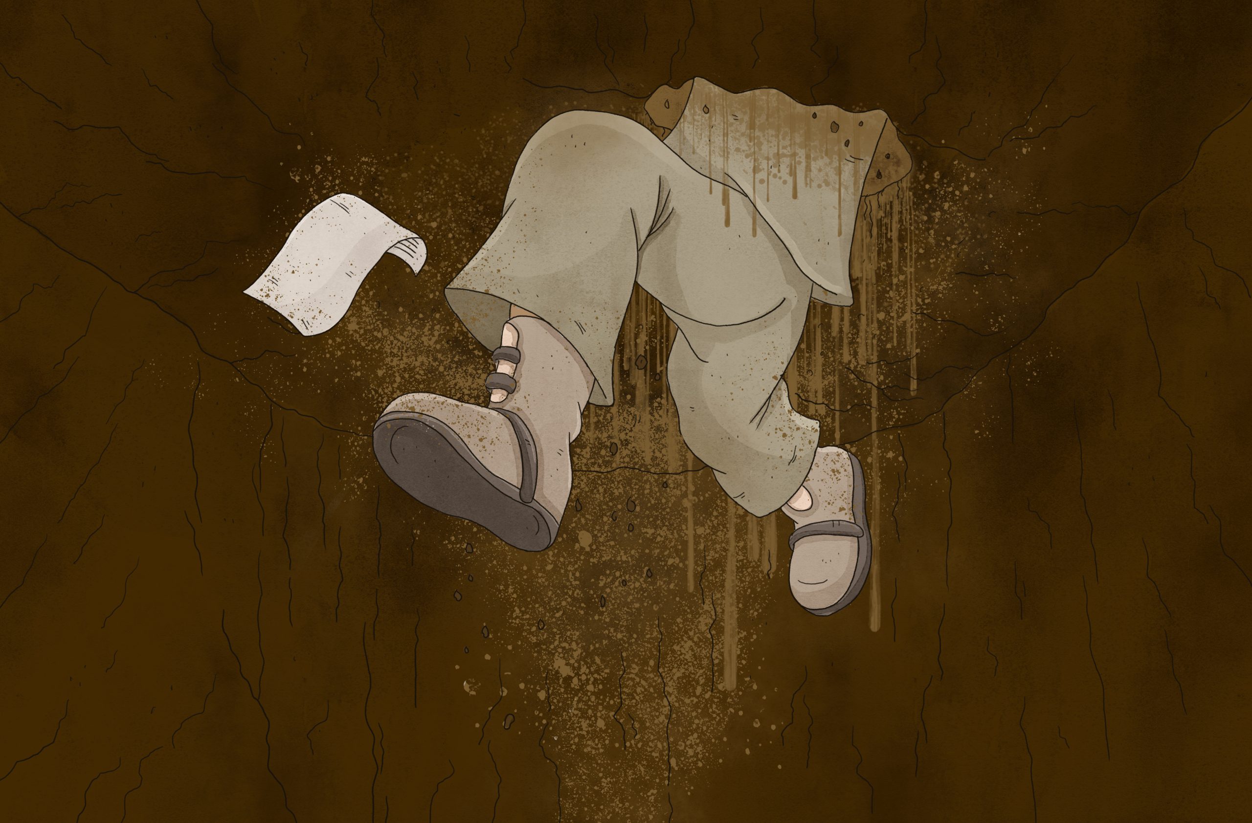 Illustration i färg av ett par ben i beige byxor och skor som sticker ut ur en jordvägg. Ett papper svävar i luften intill.