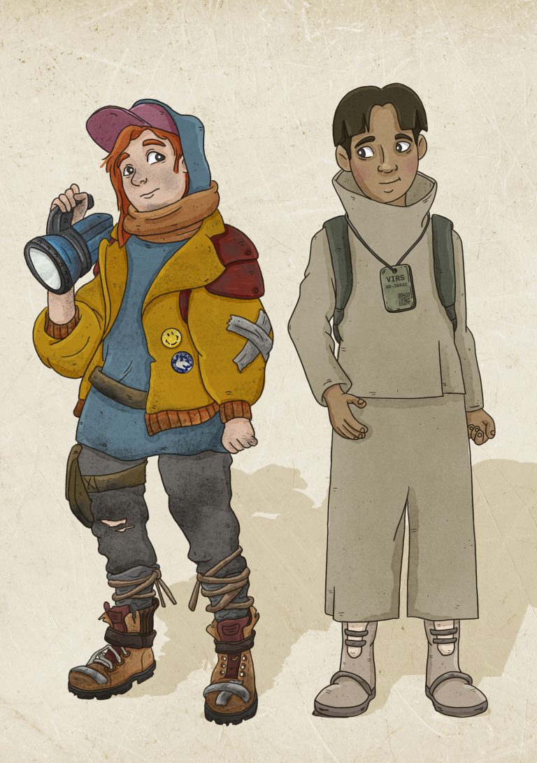 Illustration i färg av två unga personer. Till vänster en figur med orange hår, keps, gul jacka med lappar och stövlar, som håller en ficklampa. Till höger en figur i ljus dräkt med ryggsäck och en bricka runt halsen med texten ”Virs”.