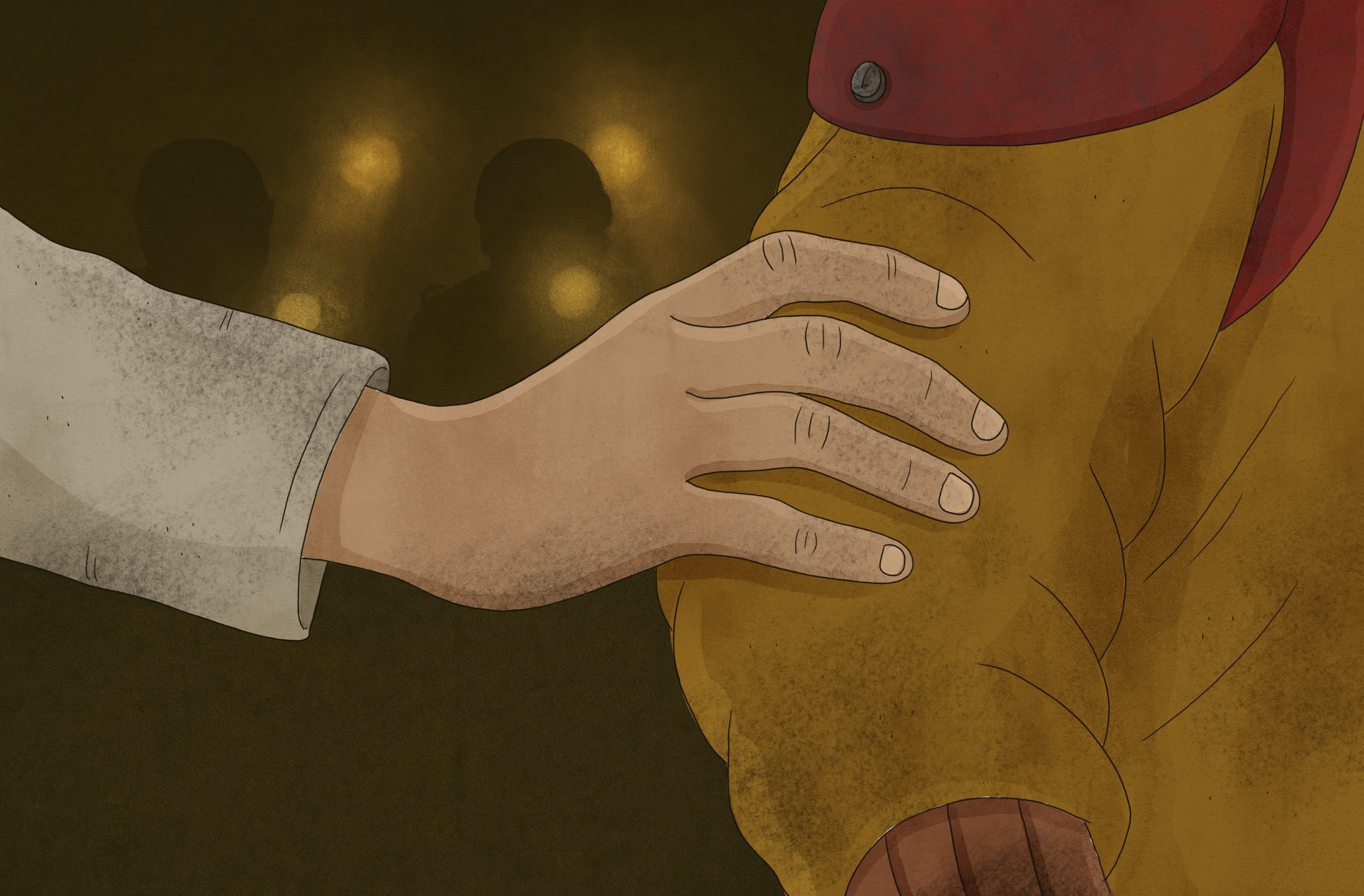 Illustration i färg av en hand som vilar på en persons axel klädd i gul jacka och röd krage. I bakgrunden syns suddiga siluetter och ljusprickar.