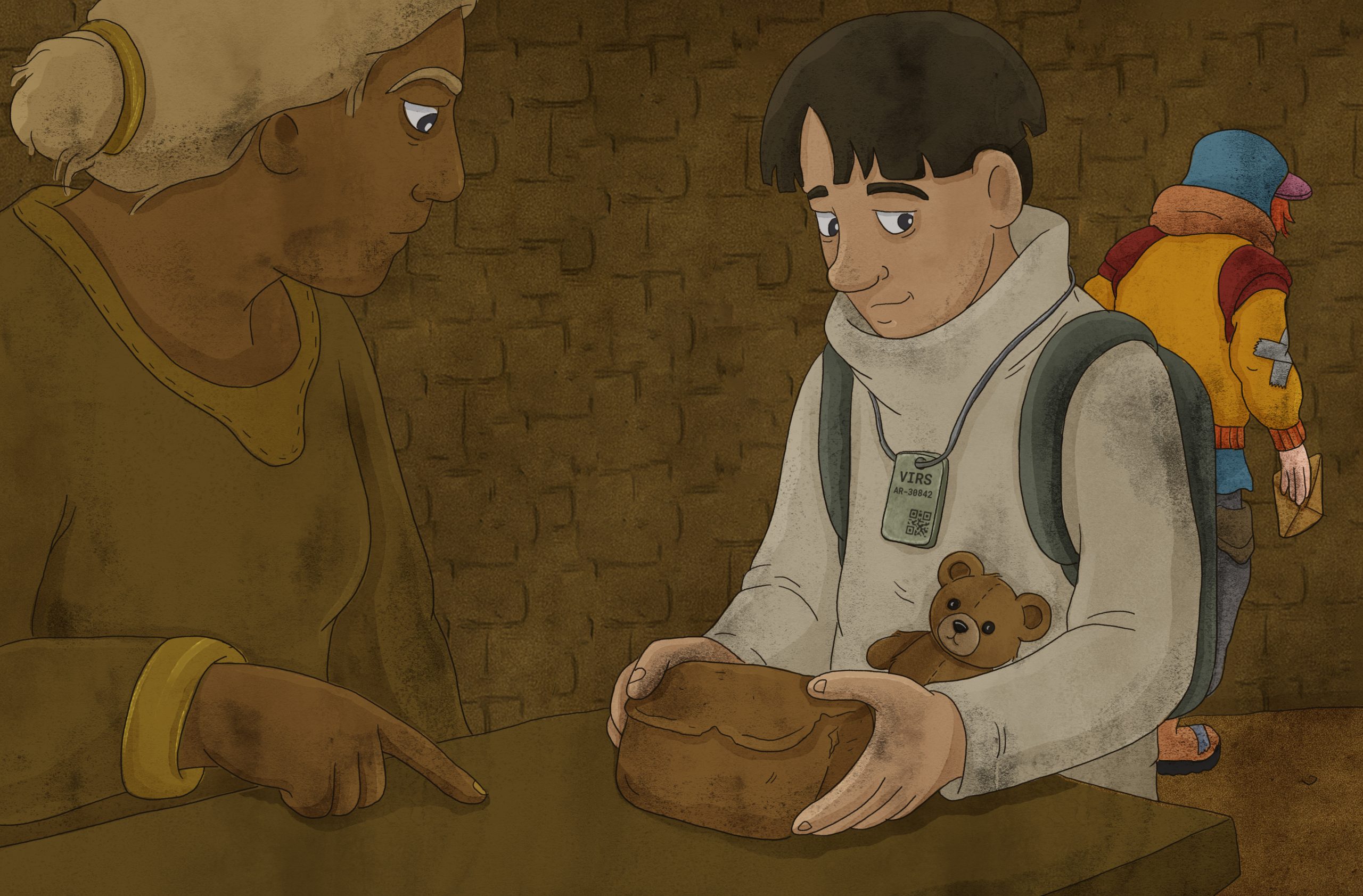 Illustration i färg av en person i gul tröja som pekar mot ett bord. Framför sitter en ung person i ljusa kläder med ryggsäck och en nalle i famnen. I bakgrunden syns en annan person i färgglada kläder som håller ett kuvert och vänder sig bort.