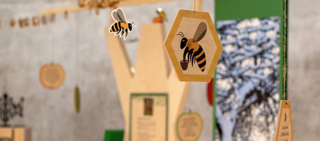 Färgfotografi. Närbild av en utställningsmiljö med hängande pappersdekorationer i form av bin och hexagoner, upphängda i trådar. I bakgrunden syns informationsskyltar och en suddig bild av ett träd.