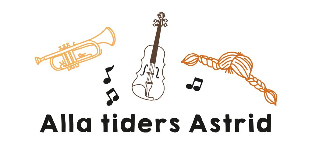 Illustration i färg. Texten ”Alla tiders Astrid” under tecknade symboler av en trumpet, en fiol, musiknoter och en fläta mot vit bakgrund.
