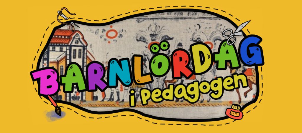 Färgglad grafisk banner med texten Barnlördag i stora bokstäver och Pedagogen under. Bakgrunden visar en äldre illustration med ryttare och byggnader. Runt motivet finns en gul ram med tecknade detaljer som sax, pensel och färgburk.