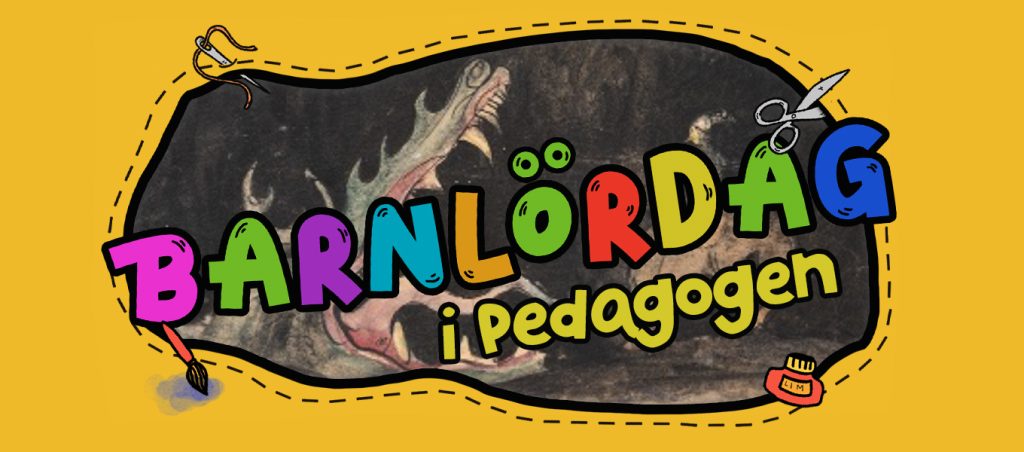 Färgglad grafisk banner med texten Barnlördag i stora bokstäver och Pedagogen under. Bakgrunden är en målning med en drake och en person i ett mörkt landskap. Runt motivet finns en gul ram med tecknade detaljer som sax, pensel och färgburk.
