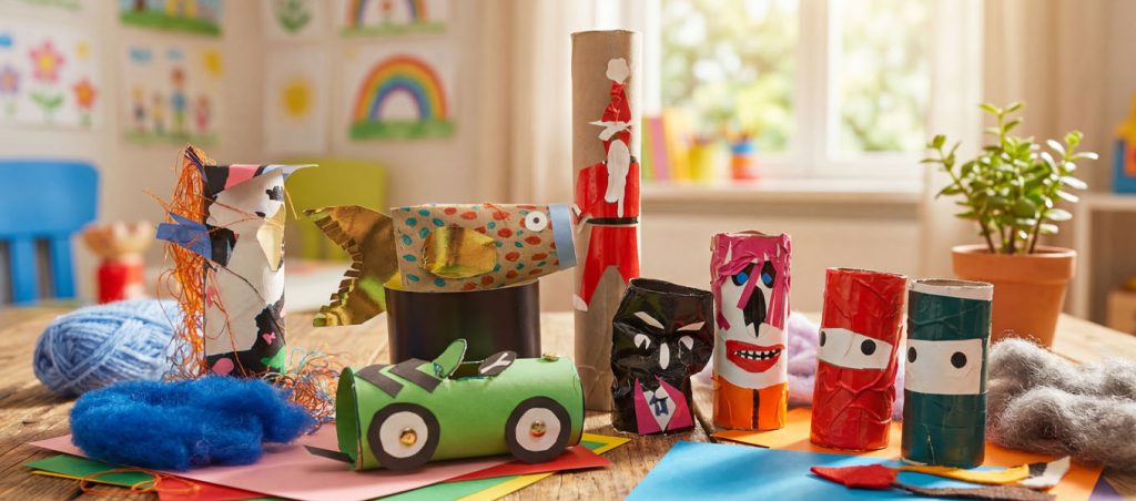 Färgfotografi. Flera färgglada figurer och föremål skapade av toarullar, papper och garn står på ett bord med pysselmaterial. I bakgrunden syns teckningar på vägg och en krukväxt i ett ljust rum.