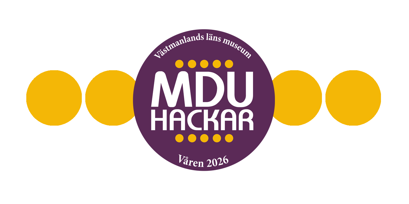 Färgad logotyp med lila cirkel och texten MDU hackar. Ovanför står Västmanlands läns museum och nedanför Våren 2026. Runt cirkeln finns gula prickar mot vit bakgrund.