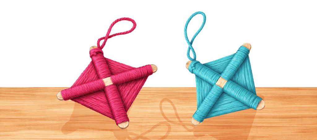 Illustration i färg av två garnpyssel gjorda av korslagda träpinnar lindade med garn. Ett är rosa och ett är turkost. De ligger på ett träbord och har en ögla av garn upptill så att de kan hängas upp.