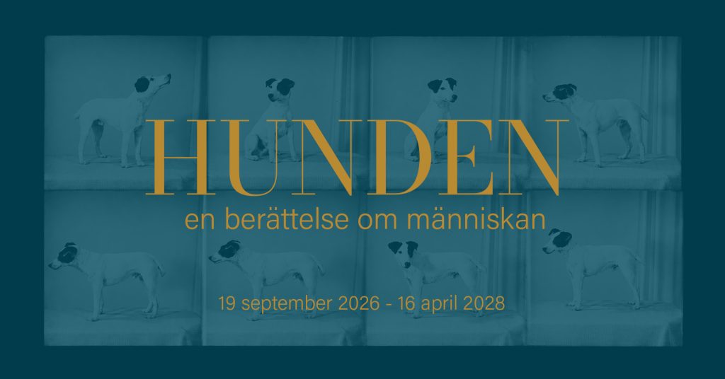 Grafisk bild i blågröna toner med åtta fotografier av en liten vit hund med mörka teckningar i olika poser. Över bilderna står titeln ”Hunden en berättelse om människan” och datumen 19 september 2026 till 16 april 2028.