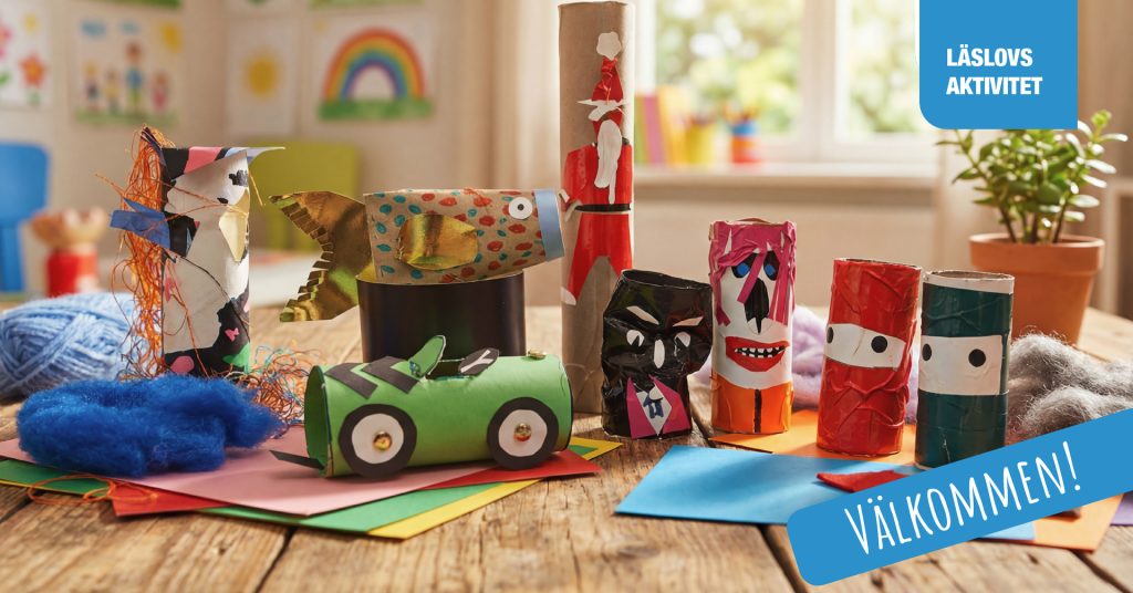 Färgglada figurer skapade av toapappersrullar står på ett bord tillsammans med papper, garn och annat pysselmaterial. I bakgrunden syns ett ljust rum med barnteckningar på väggen. På bilden finns också texten ”Läslovsaktivitet” och ”Välkommen!”.